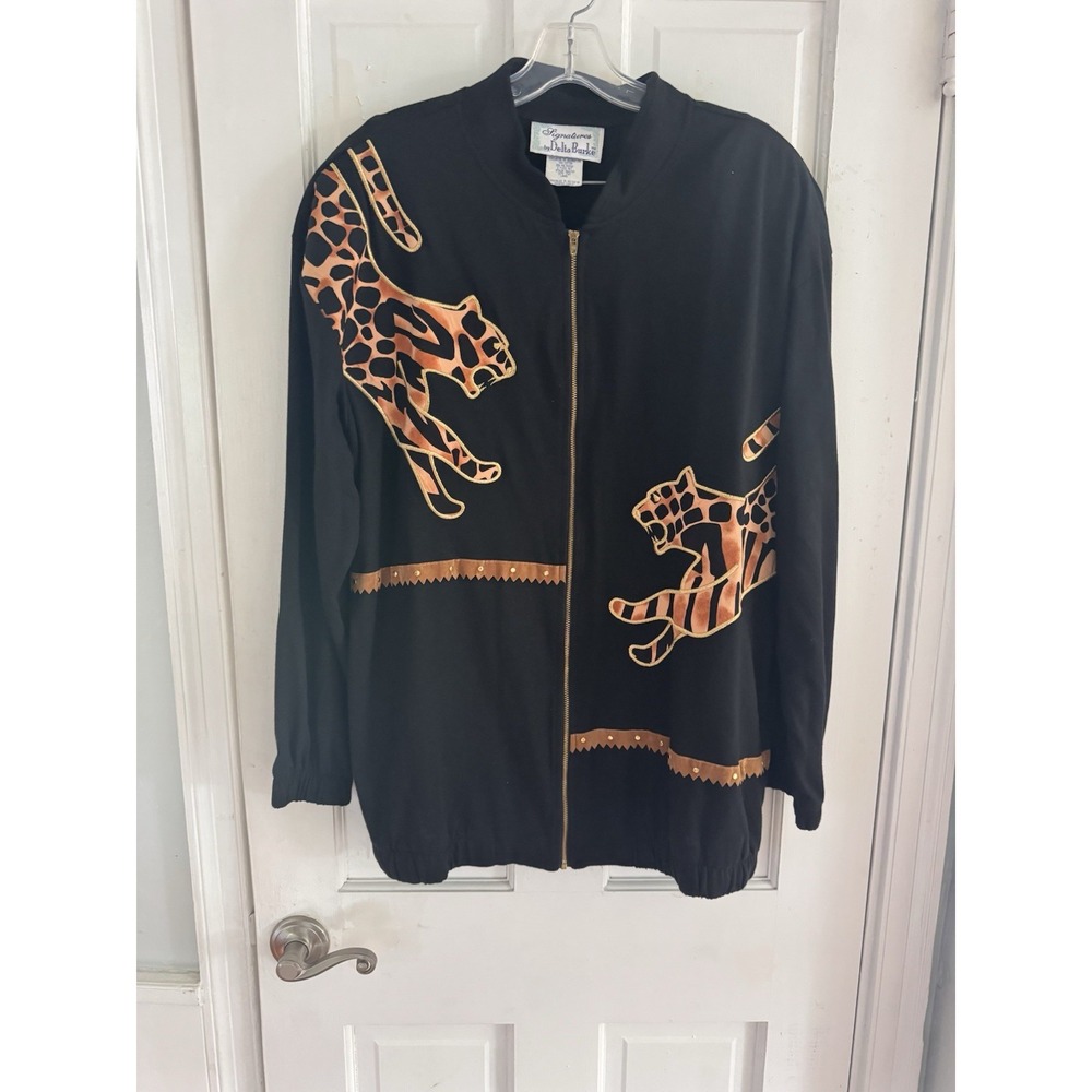 Signatures by Delta Burke Vintage Leopard‎ Print Zip Up Jacket Black Gold Large